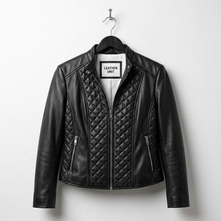 Front view of women’s black diamond quilted leather jacket by Leather Unit