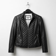 Front view of women’s black diamond quilted leather jacket by Leather Unit