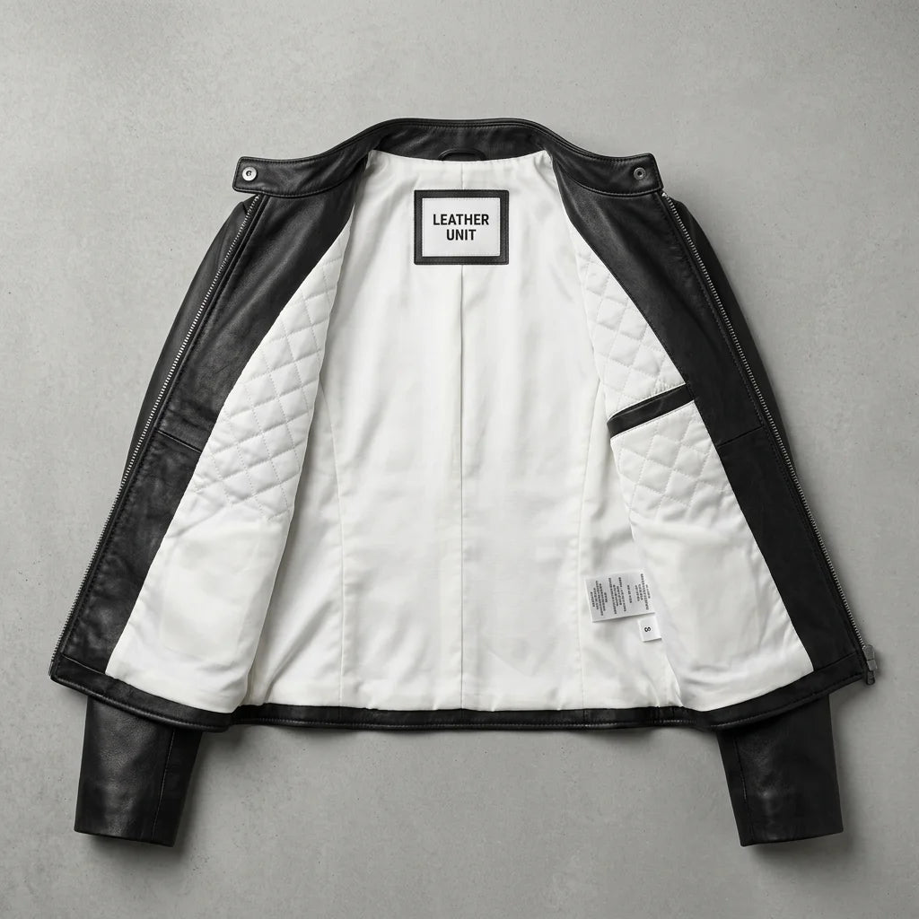 Inside view showing white lining of women’s black quilted leather jacket
