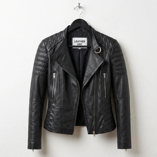 Front view of women’s black quilted leather moto biker jacket by Leather Unit
