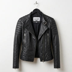 Front view of women’s black quilted leather moto biker jacket by Leather Unit