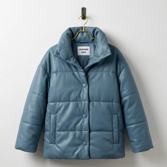 Women’s Blue Quilted Winter Coat Leather Puffer Jacket – Leather Unit