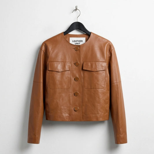 Front view of women’s brown collarless button-down leather jacket by Leather Unit