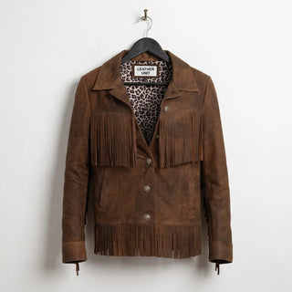Front view of women’s brown fringe leather jacket with leopard lining by Leather Unit