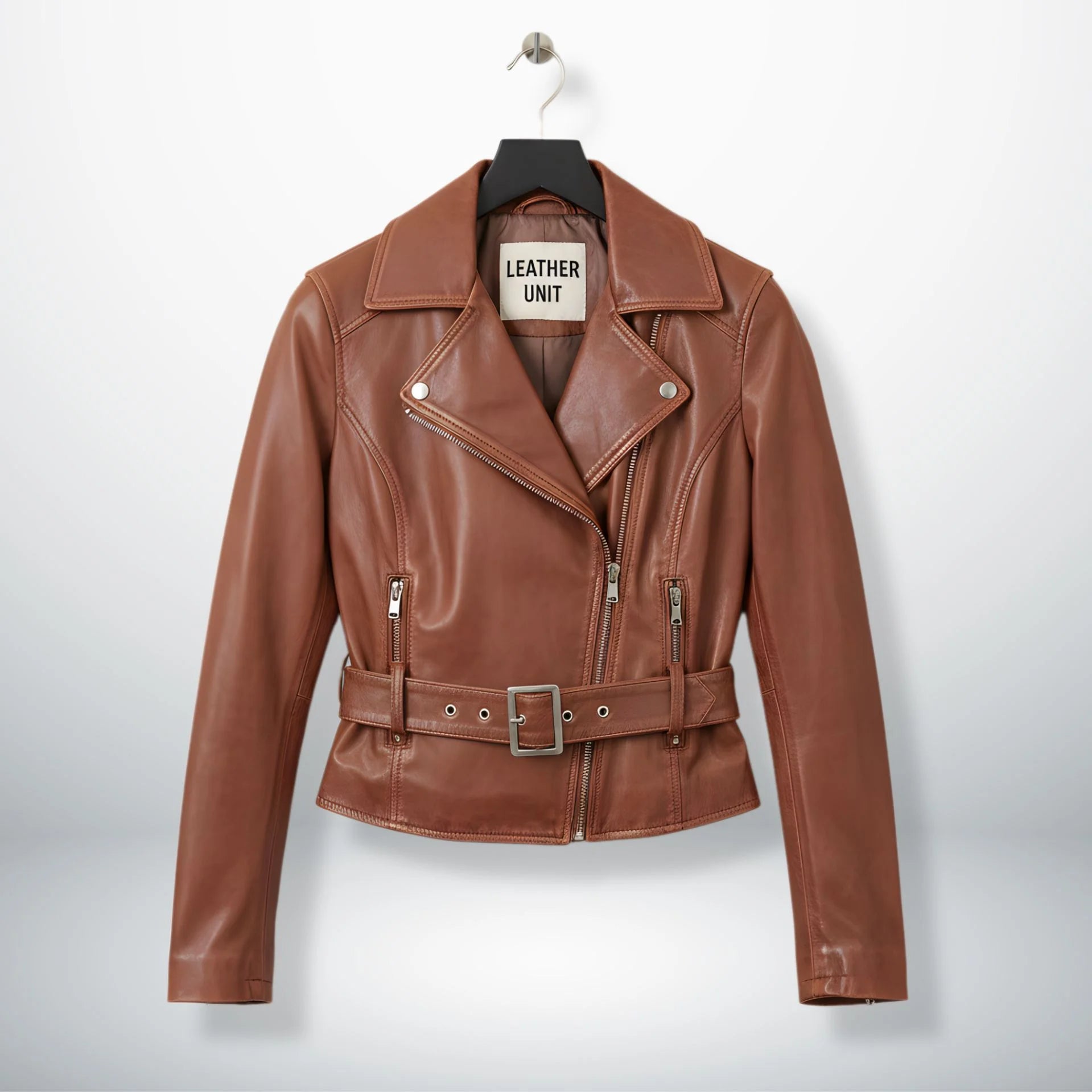 front view of women's brown leather biker jacket with belt by Leather Unit.