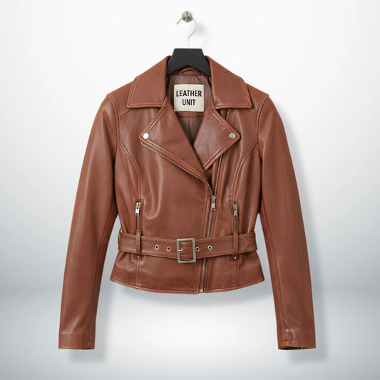 front view of women's brown leather biker jacket with belt by Leather Unit.