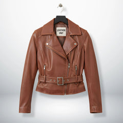 front view of women's brown leather biker jacket with belt by Leather Unit.