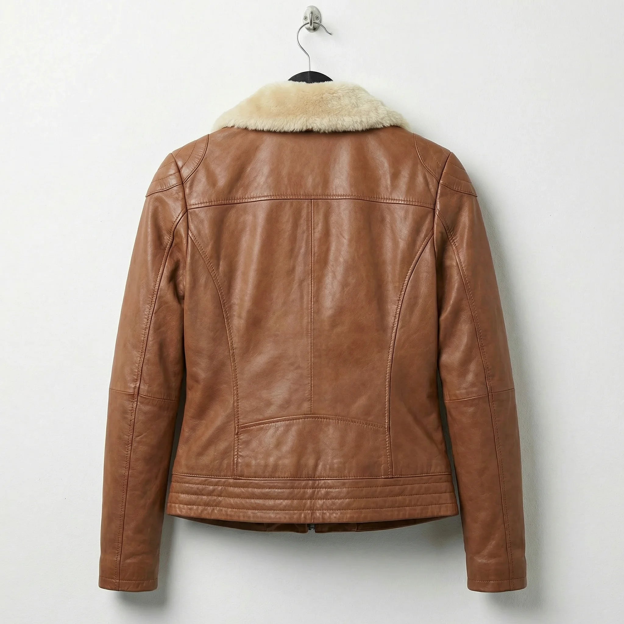 Back view of womens brown leather bomber jacket with shearling collar