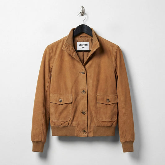 Front view of women's brown suede bomber leather jacket by Leather Unit