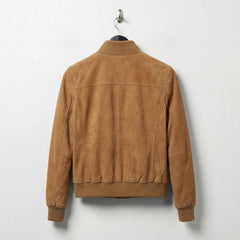 Back view of camel brown women’s suede bomber jacket with ribbed hem
