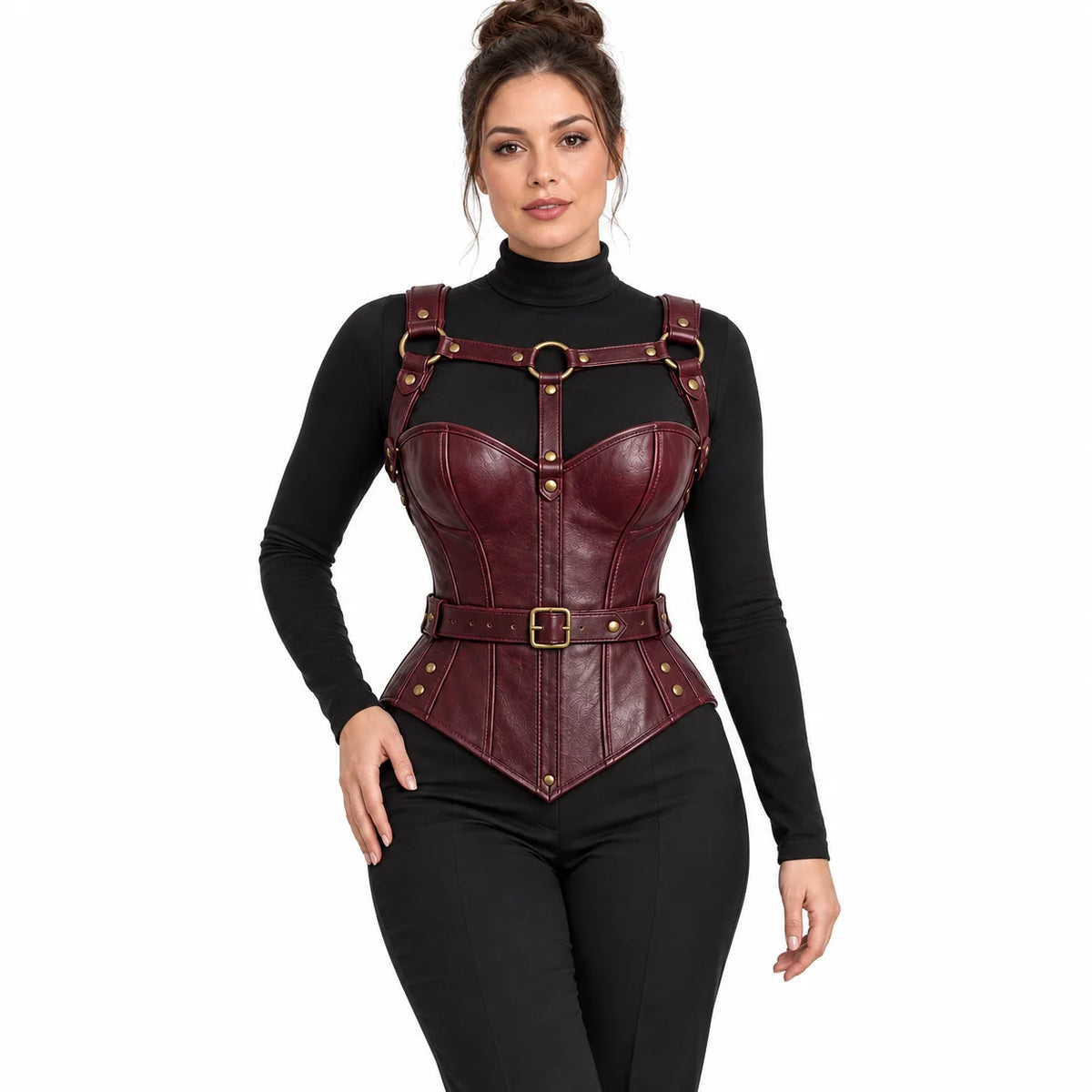 Front view of women's gothic burgundy leather corset with sweetheart neckline and gold-tone harness over black clothing.