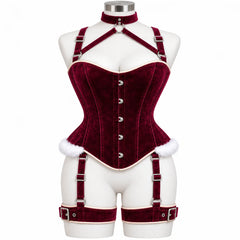 Front view of Frosted Plum burgundy velvet corset harness set with silver-tone clasps, matching neck collar and thigh straps.
