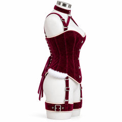 Side profile of Frosted Plum overbust velvet corset showing shaped waist panels, shoulder straps and white fur-style detailing.