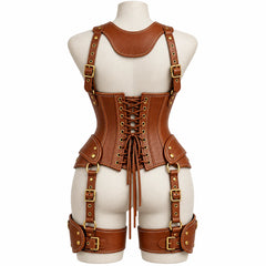 Rear view of cognac leather corset harness showing adjustable back lacing, upper back yoke and buckled thigh straps.