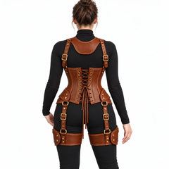 Model showing the lace-up rear panel of a brown leather corset with gold-tone eyelets, shoulder straps and thigh harness.