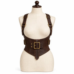 Front view of women's dark brown cowhide leather underbust corset featuring a large brass-tone buckle and adjustable shoulder straps.