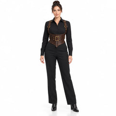 Front studio view of woman wearing a Gothic brown leather corset belt with central buckle over a black shirt.