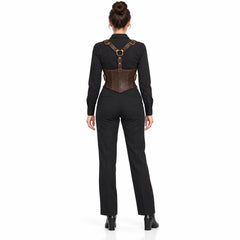 Back view of dark brown leather shoulder harness corset showing Y-shaped straps, D-ring hardware and stitched waist panels.