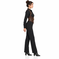 Side profile of woman wearing a dark brown cowhide leather waist corset with adjustable buckle and shoulder harness.