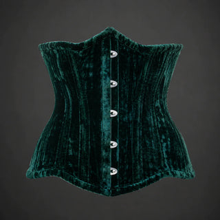 Front product view of emerald green velvet underbust corset with curved edges and silver-tone front fasteners.
