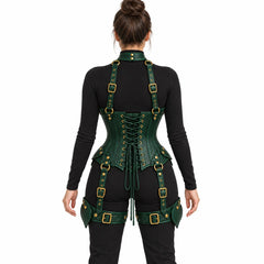 Back view of forest green leather corset harness with eyelet lacing, adjustable shoulder straps and matching thigh cuffs.