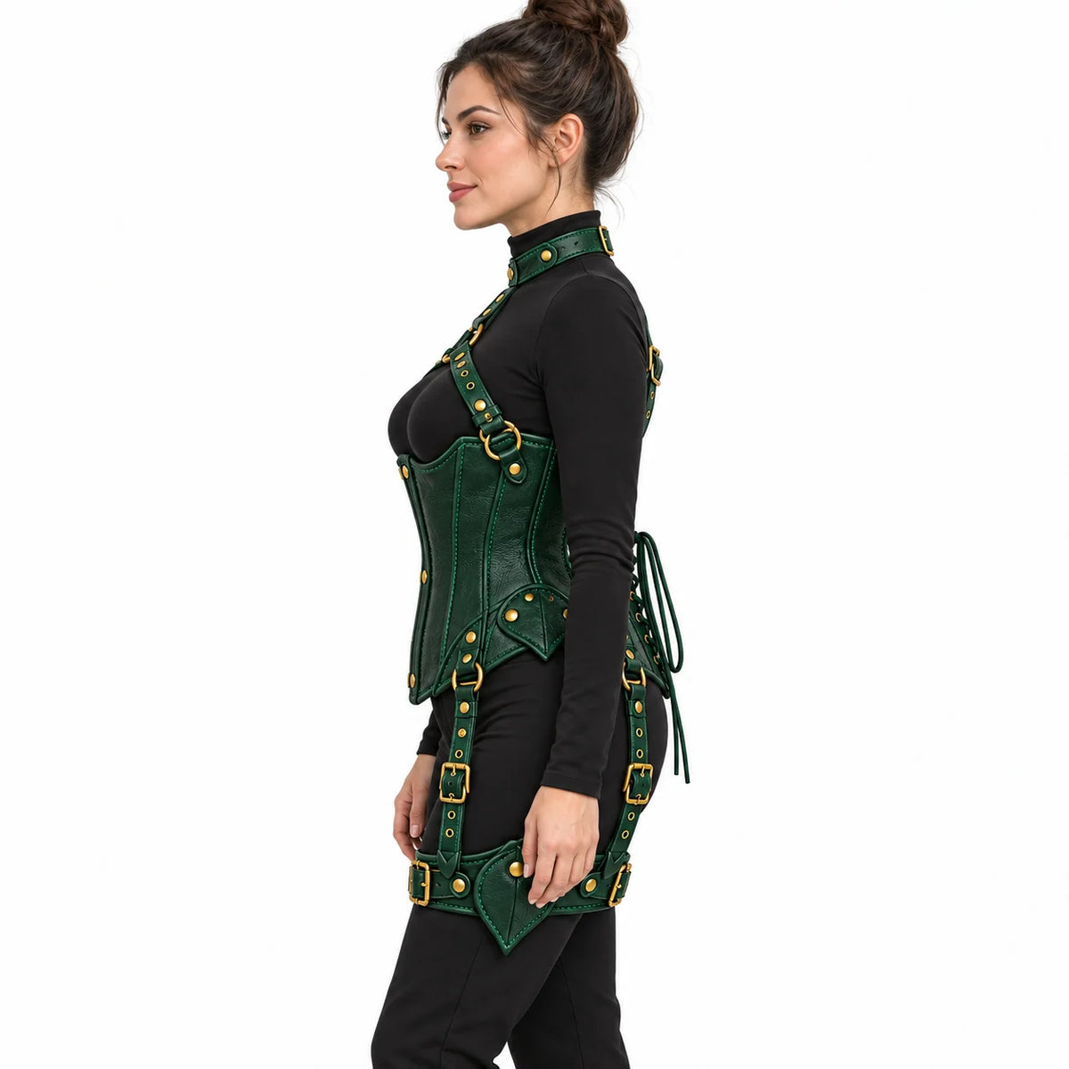 Side view of woman wearing a fitted green Gothic corset with leather collar, detailed stitching and adjustable thigh straps.