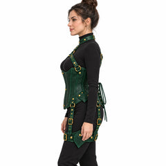 Side view of woman wearing a fitted green Gothic corset with leather collar, detailed stitching and adjustable thigh straps.