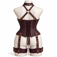 Rear view of plum leather corset showing back lace-up closure, X-shaped shoulder straps and adjustable thigh harness.