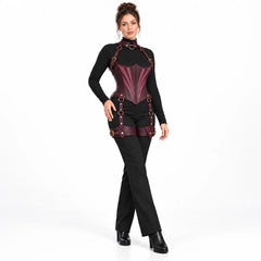 Woman wearing a plum Gothic underbust corset harness with fan-shaped front design and coordinated thigh cuffs on white.
