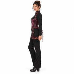 Side view of woman wearing a plum leather corset with matching collar, buckled thigh cuff and fitted black outfit.