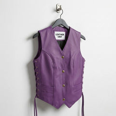 Front view of Leather Unit women’s purple leather vest with snap buttons