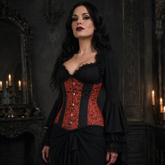 Three-quarter model view highlighting red floral brocade panels, black contrast sections and structured underbust silhouette