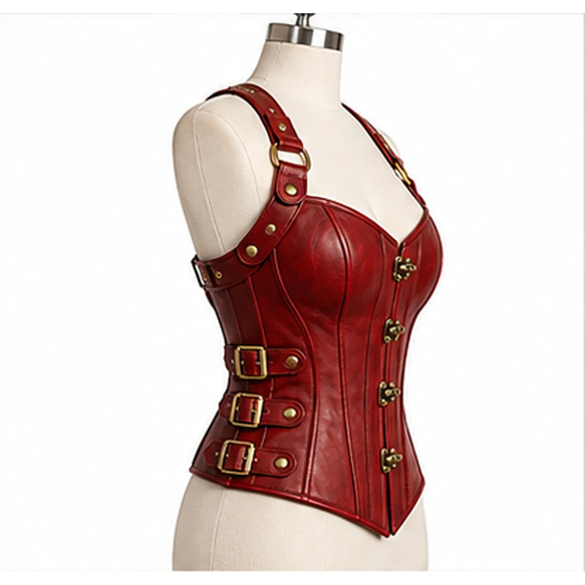 Side profile of deep red leather corset highlighting curved bust panels, shoulder harness ring and three waist buckle tabs.