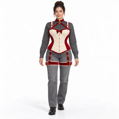 Full-length studio styling of women's red and ivory corset harness set worn with a grey blouse and jeans
