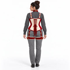 Woman viewed from behind wearing the Ivory Bow corset harness, with visible criss-cross lacing and thigh bands