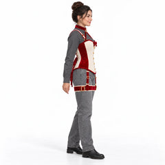 Side profile of a model wearing the two-tone velvet corset with neck collar, shoulder straps and red thigh harness