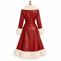 Rear view of long red leather Christmas coat displaying the centre back seam, belted waist and wide ivory faux fur hem.