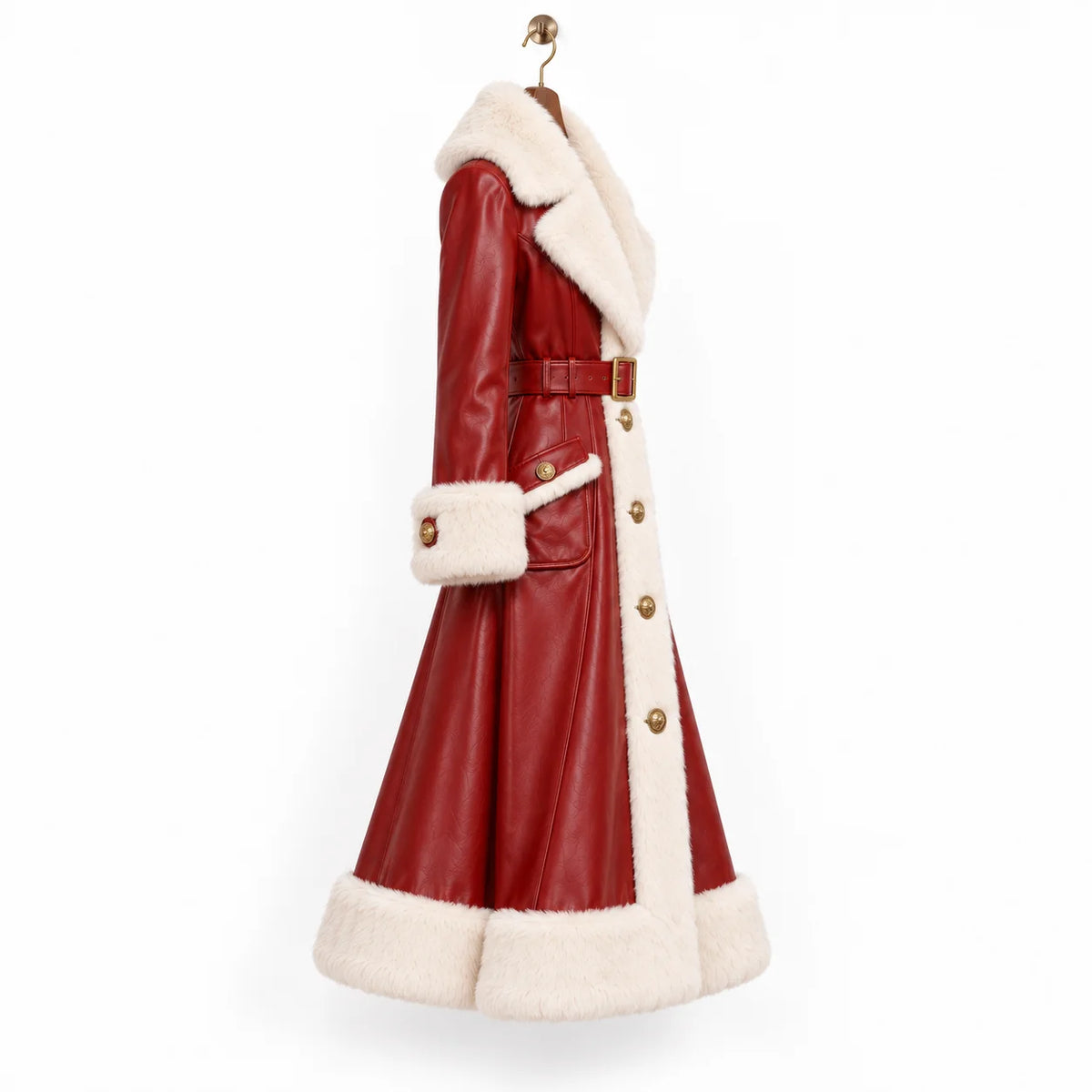 Side profile of a long red leather coat with white faux fur collar, cuff, hem and decorative front pocket flap.