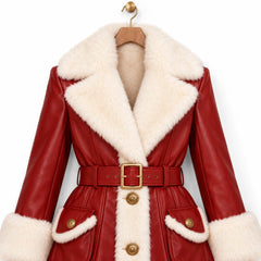 Close-up of red leather Christmas coat featuring ivory faux fur lapels, matching belt, rectangular gold-tone buckle and pocket flaps.
