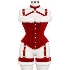 Front view of red velvet Christmas corset harness with white fluffy neckline, gold-tone neck ring and matching thigh bands.