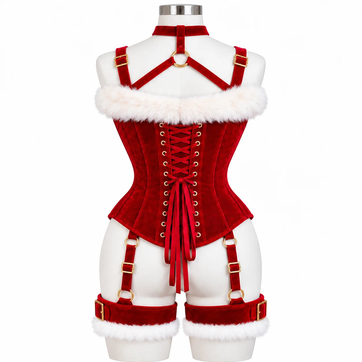 Back view of women's Christmas corset harness showing red lace-up fastening, velvet shoulder straps and fur-trimmed thigh cuffs.