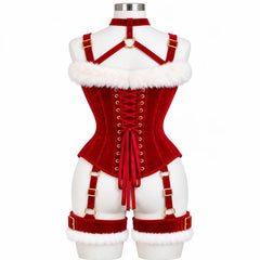Back view of women's Christmas corset harness showing red lace-up fastening, velvet shoulder straps and fur-trimmed thigh cuffs.