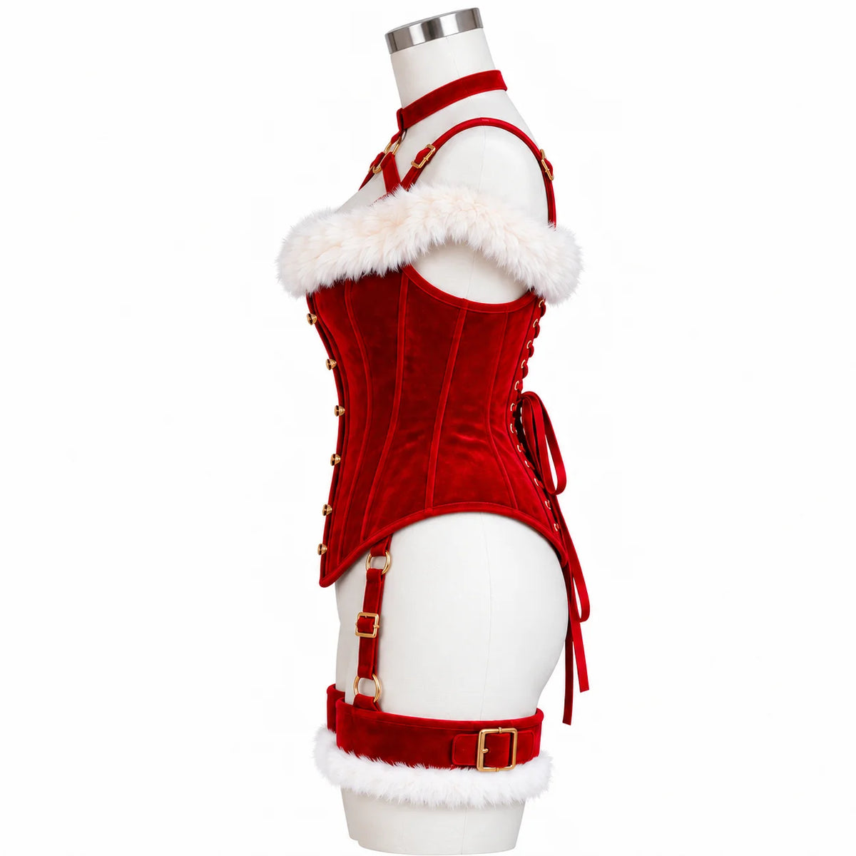 Side mannequin view of Christmas velvet corset harness showing curved bust panels, rear lacing and adjustable thigh straps.