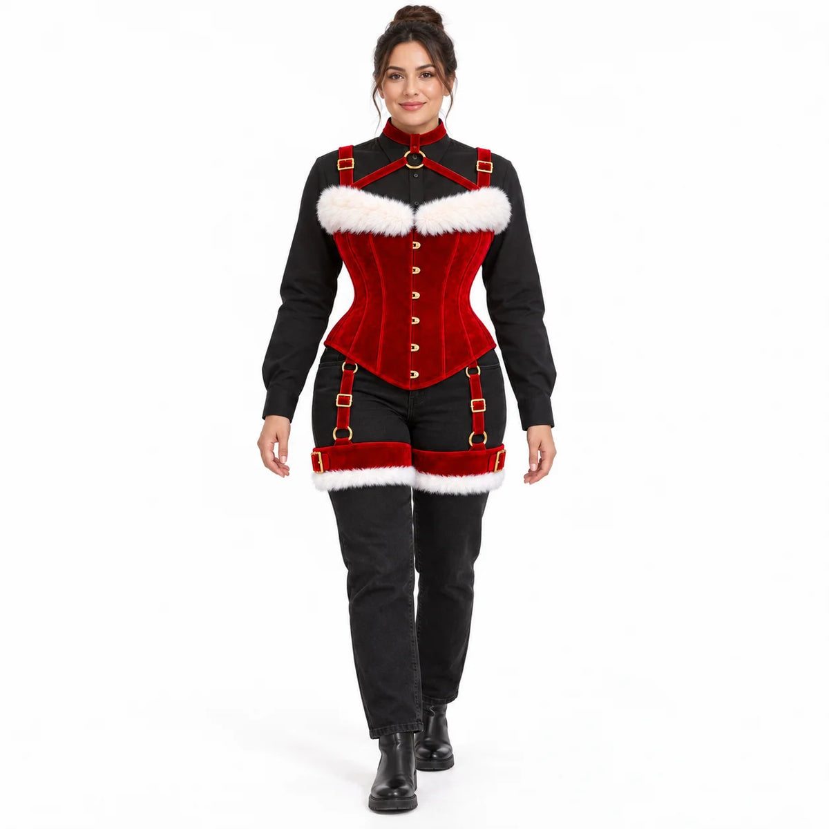 Full-length front view of model wearing a Christmas red velvet corset harness with decorative thigh bands over black clothing.