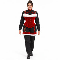 Full-length front view of model wearing a Christmas red velvet corset harness with decorative thigh bands over black clothing.