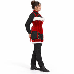 Side mannequin view of Christmas velvet corset harness showing curved bust panels, rear lacing and adjustable thigh straps.