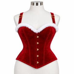 Front view of women's cranberry red velvet Christmas corset with white fluffy sweetheart trim, gold-tone clasps and shoulder straps.