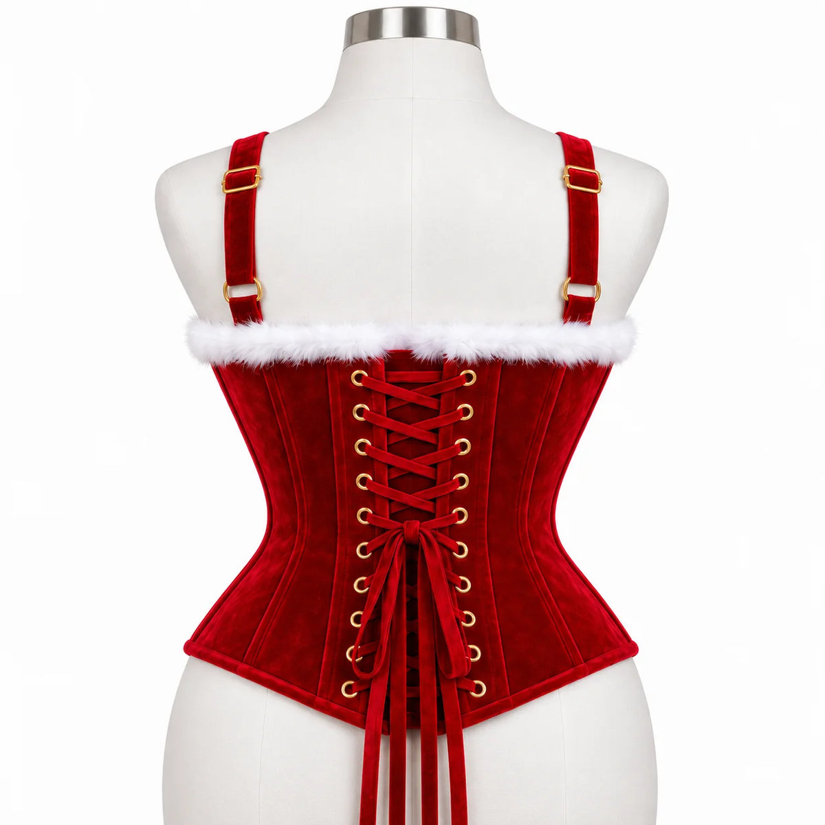 Rear view of Christmas red velvet overbust corset displaying red cross lacing, gold-tone eyelets and adjustable shoulder straps.
