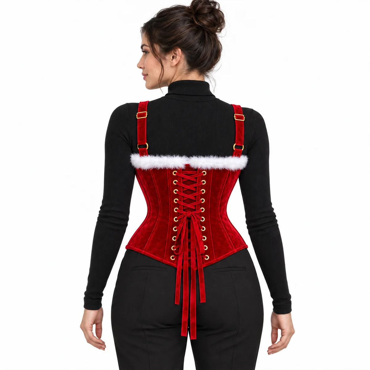 Back studio view of women's red velvet Christmas corset highlighting adjustable lace-up fastening and velvet shoulder straps.