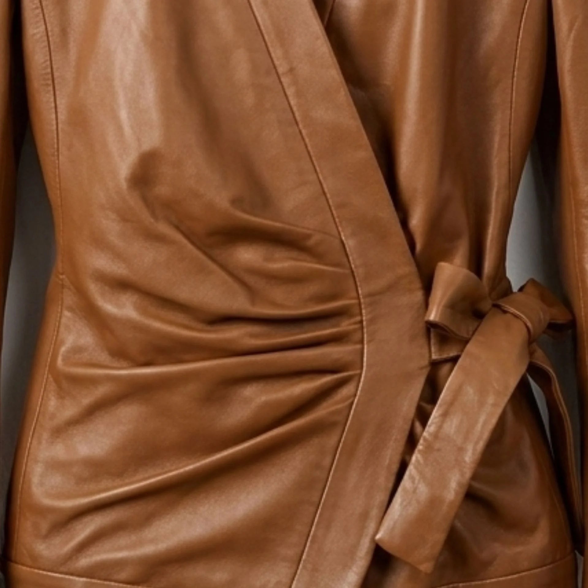 Ruched front and side tie belt detail on womens wrap leather jacket